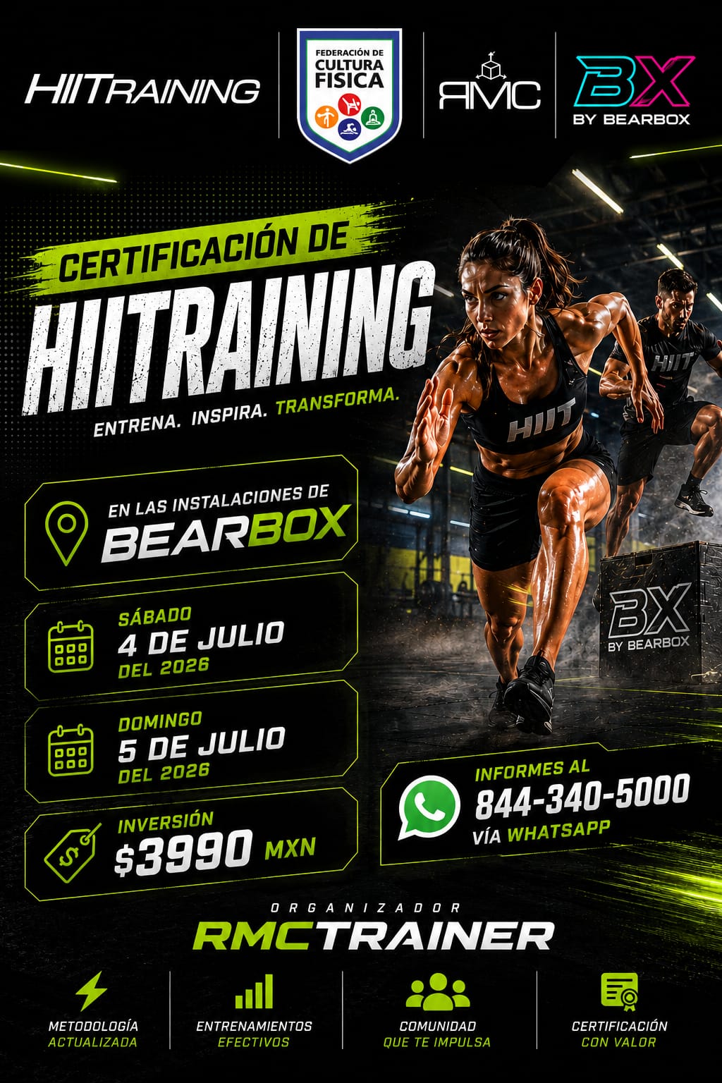 Promotional HIITTraining certification poster with athletes sprinting and neon green accents.