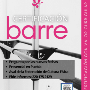 Promotional flyer for barre certification with large pink 'barre' text, a grey bullet list, and a pink right-side accent stripe.